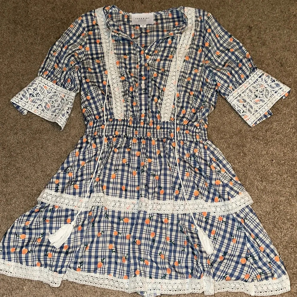 The Shirt Rochelle Behrens Plaid Ruffle Lace Oranges Print Tassle Mini Dress - Picture 2 of 6